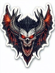 A menacing demon with red eyes, sharp teeth, and horns, against a black background.