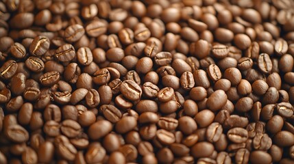 Fototapeta premium A close-up view of roasted coffee beans, showcasing their rich brown color and texture, ideal for coffee enthusiasts and culinary uses.