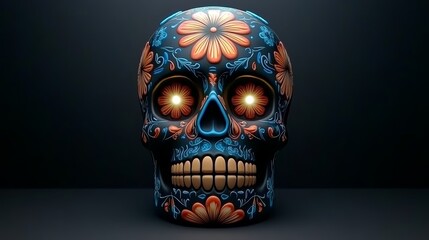 Naklejka premium A brightly decorated skull features floral designs and glowing eyes, symbolizing cultural themes of life and death.