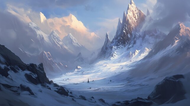 A solitary tower stands in a snowy mountain valley