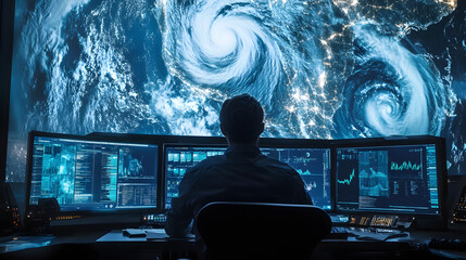 meteorologist monitor control room analyze  real-time satellite image Earth weather clouds  storm hurricane scientist data charts graphs forecasts high-tech professional work monitoring global climate