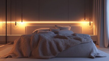 A minimalist bedroom with a large inviting bed dressed in soft, muted linens and a textured throw blanket. The warm lighting from overhead fixtures creates a peaceful environment.
