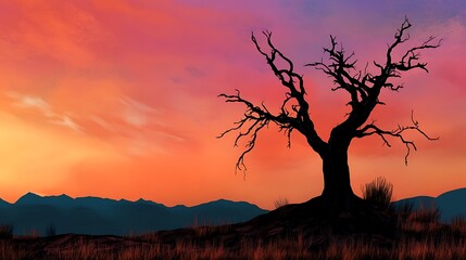 A lone, bare tree silhouetted against a vibrant sunset sky with mountains in the distance.