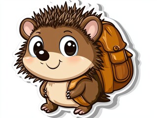 Obraz premium A cute cartoon hedgehog wearing a brown backpack, with big eyes, and a big smile.