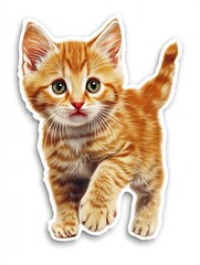Obraz premium A cute orange tabby kitten with green eyes and a pink nose walks towards the camera on a white background.