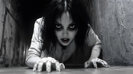 Creepy Horror Character Crawling in Dark Hallway