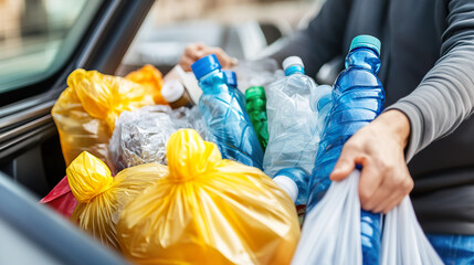 Person is placing colorful plastic bags filled with recyclable materials, including bottles, into car trunk.