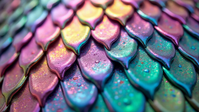 Mermaid or dragon holographic wet skin with scales. Fantasy background