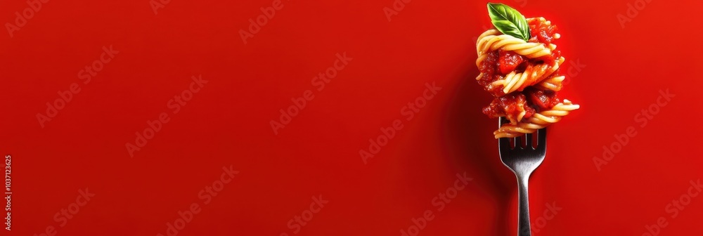 Poster a serving of flavorful italian pasta coated in tomato sauce is elegantly twirled on a fork, garnishe