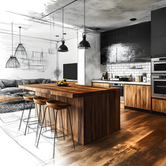 Home house apartment design sketch contemporary luxurious cozy modern wooden kitchen living room area construction interior architect drawing furniture