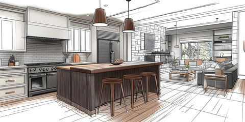 Home house apartment design sketch contemporary luxurious cozy modern wooden kitchen living room area construction interior architect drawing furniture