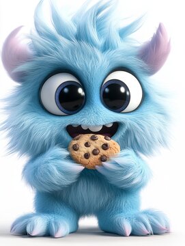 A cute, furry blue monster with big eyes and horns, happily eating a chocolate chip cookie.