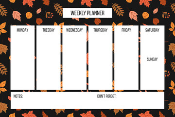 Weekly planner with autumn background.  Vector personal organizer planner for to do list, notes with fall elements.