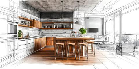 Home house apartment design sketch contemporary luxurious cozy modern wooden kitchen living room area construction interior architect drawing furniture