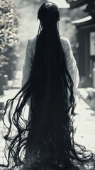 Fototapeta premium Mysterious Woman with Long Dark Hair in Ethereal Setting