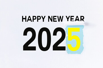 Happy New Year 2025 on white paper, creative idea. 2025 replaces 2024. Torn paper