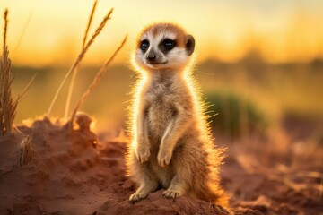 Fototapeta premium The meerkat stands on its hind legs with bright eyes enjoying the warm golden light of sunset in its natural desert habitat