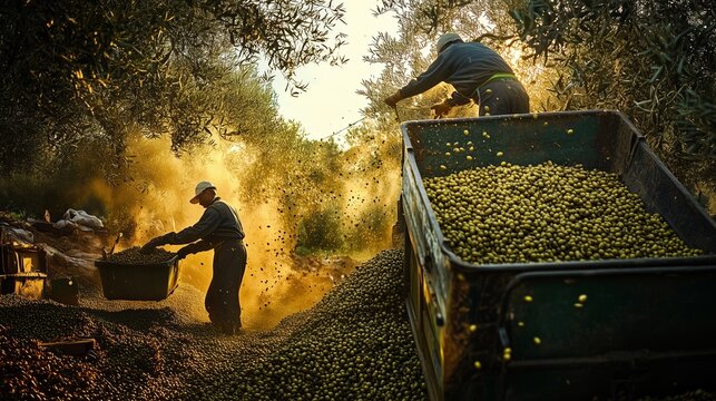 Two workers gather olives in a sunlit orchard, surrounded by golden dust, highlighting the rural harvest season.