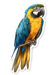 Fototapeta premium A blue and gold macaw parrot perches on a branch, facing forward with its head slightly tilted.