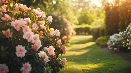 Obraz premium A serene landscape featuring flowering hedges that provide privacy and beauty in a garden setting.