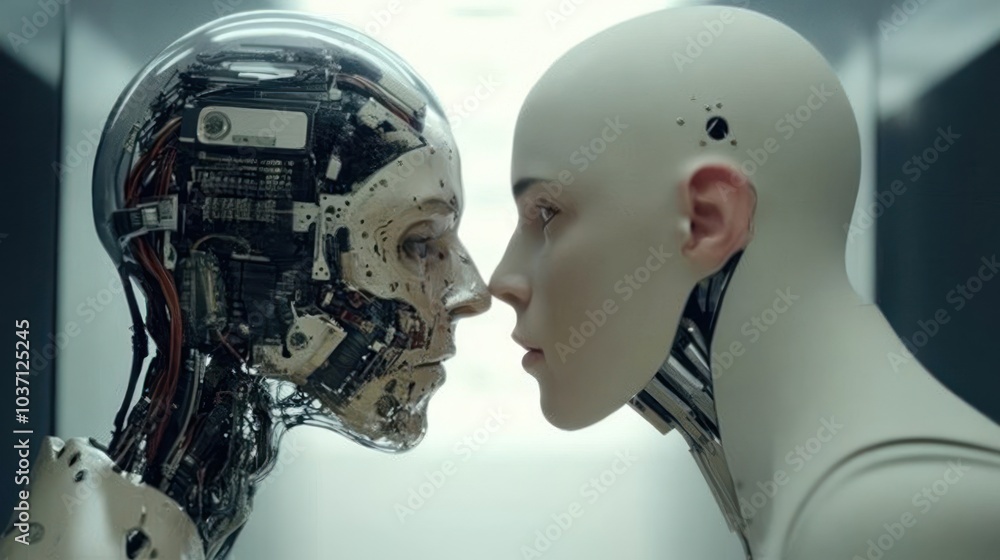 Aufkleber a human and a robotic figure face each other, exploring themes of connection and technology.