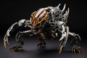 This striking robotic insect displays fierce design and advanced engineering highlighting metallic limbs and intricate structures in a dark environment