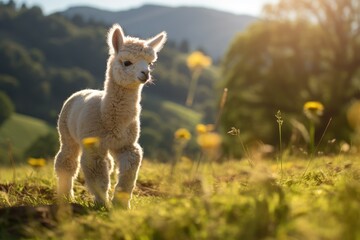 Fototapeta premium This delightful baby llama strolls through a vibrant meadow surrounded by blooming wildflowers and bathed in warm afternoon sunlight