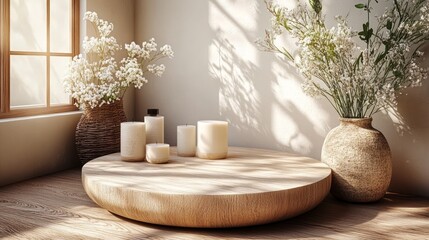 A serene interior scene with candles and flowers, creating a calming atmosphere.