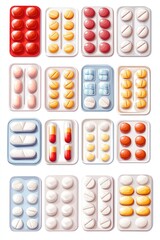A collection of various pill blister packs in different colors and shapes.
