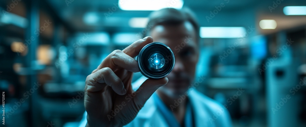 Poster a scientist holds a lens in a laboratory setting, with a blue light emanating from the lens.