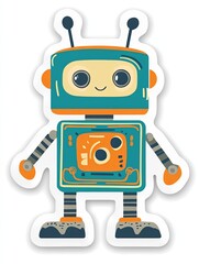 Fototapeta premium A cartoon robot with big eyes, antennas, and a smile. It is green, orange, and gray with a white background.