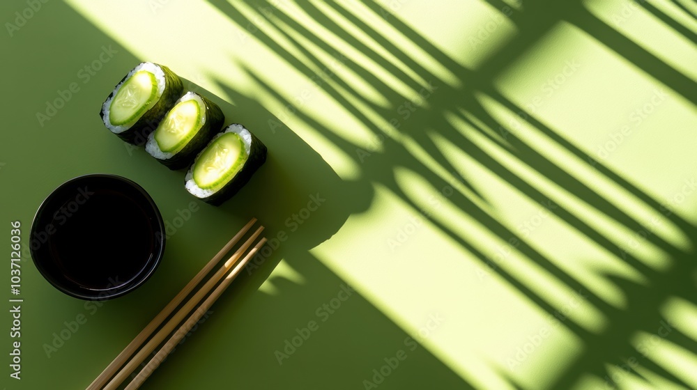 Aufkleber enjoy delicious sushi rolls made with fresh cucumber, accompanied by a bowl of soy sauce and chopsti
