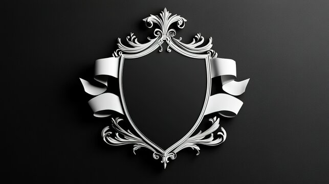 A classic black and white badge featuring a central shield elegantly wrapped in decorative ribbons. This design showcases intricate detailing in the ribbons that conveys sophistication and grandeur, 