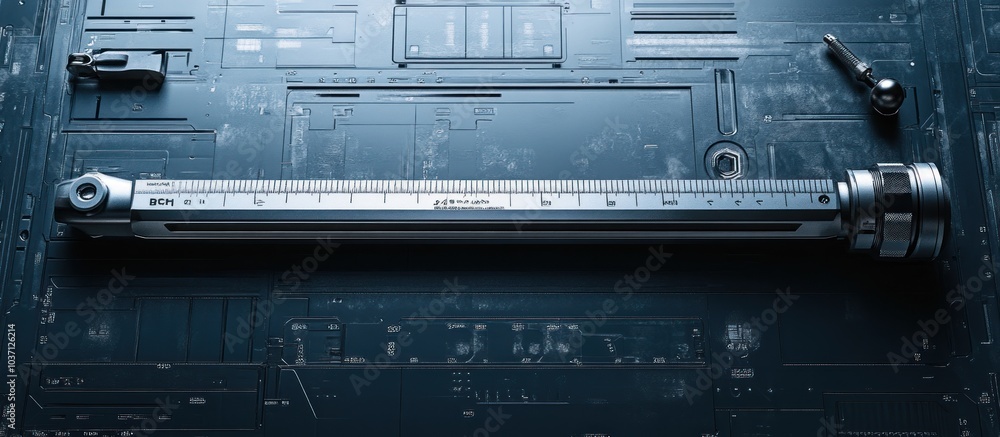 Poster a metallic tool rests on a tech-inspired background, suggesting precision and engineering.