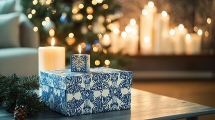 Close-up of a festive Hanukkah gift box with intricate blue and white patterns placed on a modern coffee table candles in the background casting a warm glow across the room