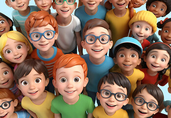 cheerful 3D render of a group of little cartoon children 