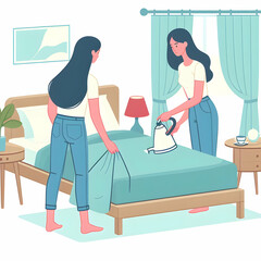 Two women are in a bedroom, one of them is ironing a bed sheet
