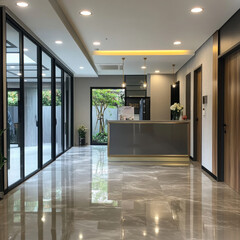 Modern Minimalist Lobby: Sleek and sophisticated, this contemporary lobby exudes a sense of style and tranquility. The marble flooring, glass doors.