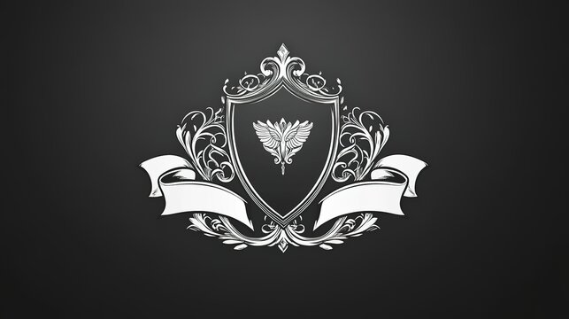 A classic black and white badge featuring a central shield elegantly wrapped in decorative ribbons. This design showcases intricate detailing in the ribbons that conveys sophistication and grandeur, 