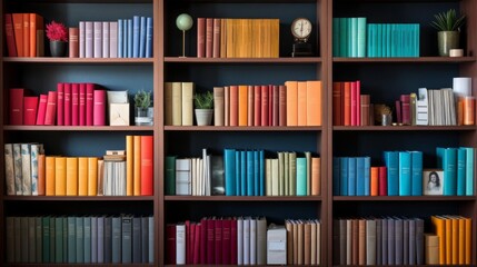 A colorful bookcase filled with books of various sizes and colors