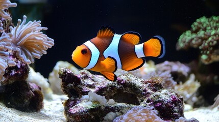 A vibrant and colorful clownfish swimming gracefully among coral reefs, showcasing its distinctive orange and white striped patterns. This illustration captures the playful nature of the clownfish, 