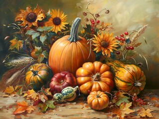 Autumn Harvest Still Life with Pumpkins and Sunflowers