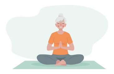 pensioner does yoga at home. An elderly woman goes in for sports. Active lifestyle. Vector illustration on a white background.