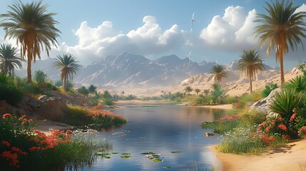 A serene oasis with palm trees, a lake, and mountains in the background.