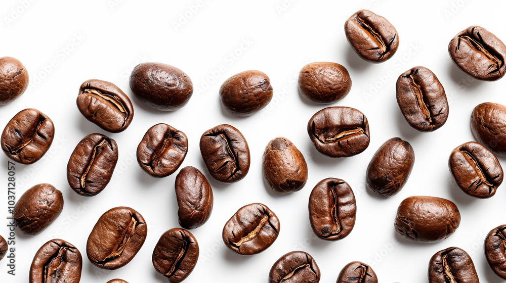 Poster close up of coffee beans with a white background. the beans are spread out in a pattern, with some o