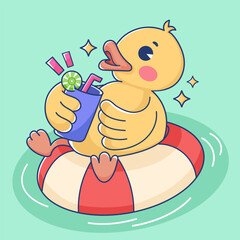 Vector Illustration of Little Duck in Swimming Pool. Adorable and Kawaii Animal Concept Design. Icon Mascot Illustration Isolated with Adorable pose