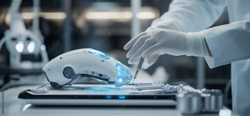 Aufkleber a scientist in a lab coat works on a futuristic robot.