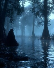 Fototapeta premium A mysterious figure, shrouded in dark clothing, sits quietly by a misty waterside at dusk, surrounded by ethereal glowing orbs in a serene, fog-laden forest.