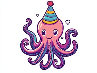 Naklejka premium A cartoon illustration of a pink octopus wearing a party hat.