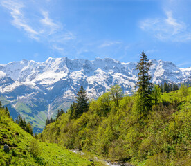 Beautiful landscape of valley in Alpine mountains, small trail, hike root, majestic picturesque view in sunny day